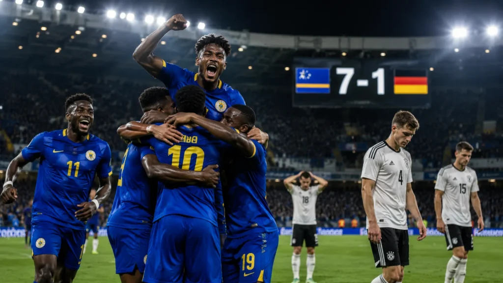 Curacao players celebrate a 7-1 football victory while Germany players look disappointed