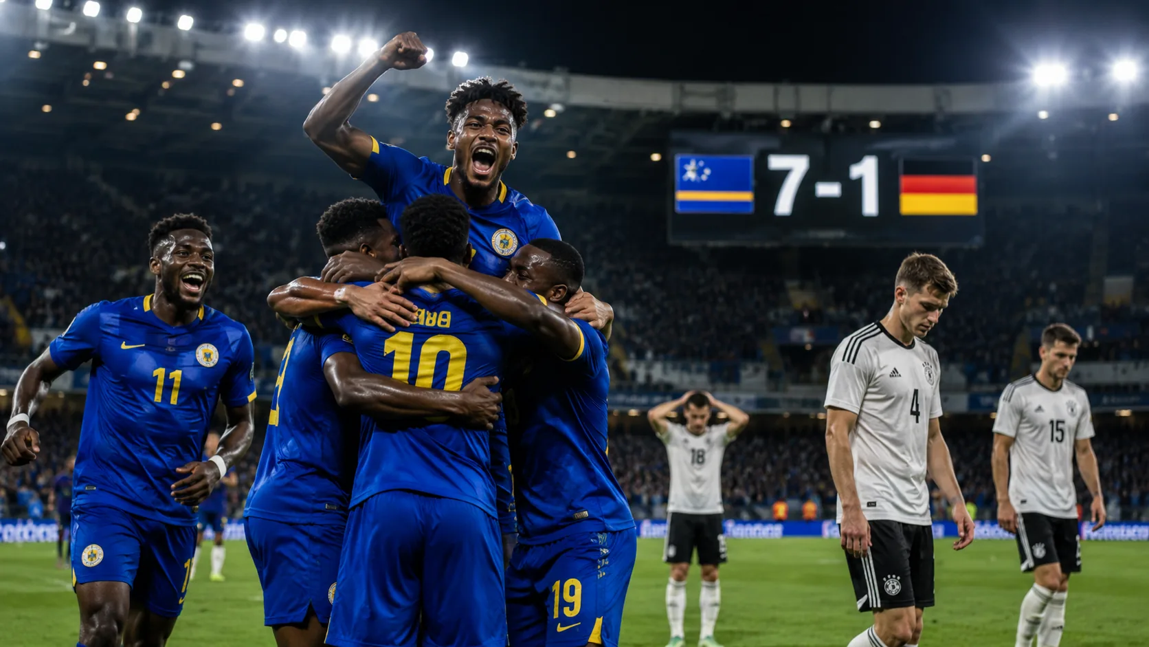 Curacao players celebrate a 7-1 football victory while Germany players look disappointed