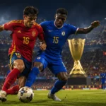 Spain and Cape Verde players battle for the ball in a dramatic World Cup stadium scene