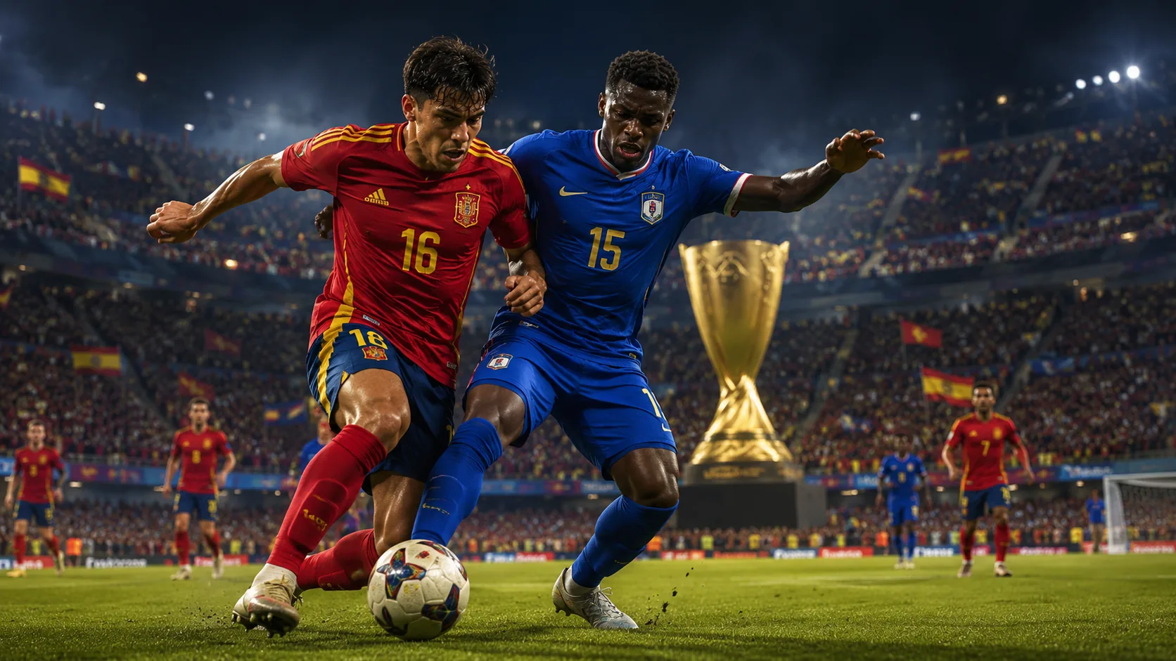 Spain and Cape Verde players battle for the ball in a dramatic World Cup stadium scene