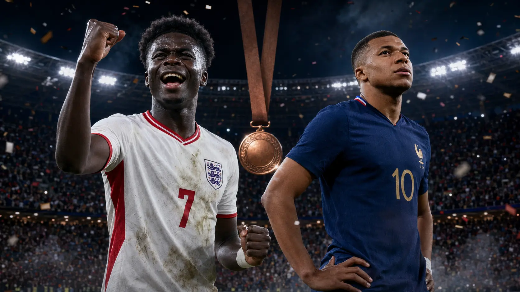 Bukayo Saka celebrates England’s World Cup third-place victory while Kylian Mbappé reflects on his historic scoring record.