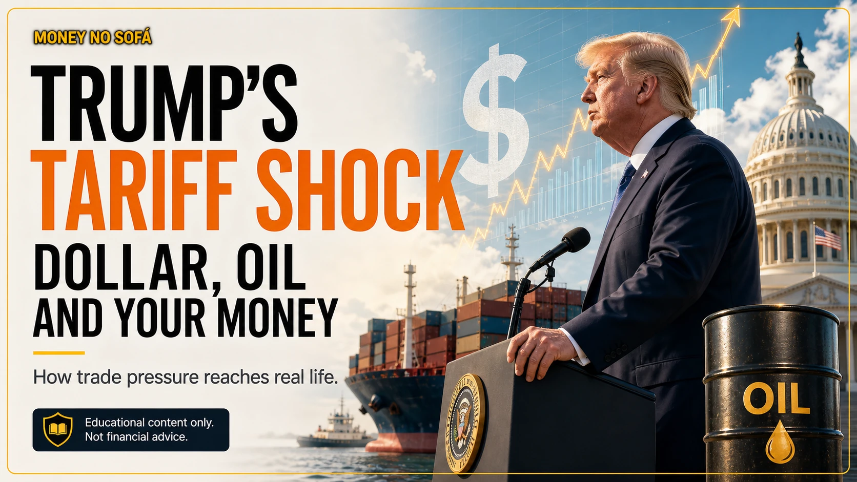 Donald Trump at a podium with cargo ships, a dollar chart and oil barrels illustrating tariff effects on markets and household finances.