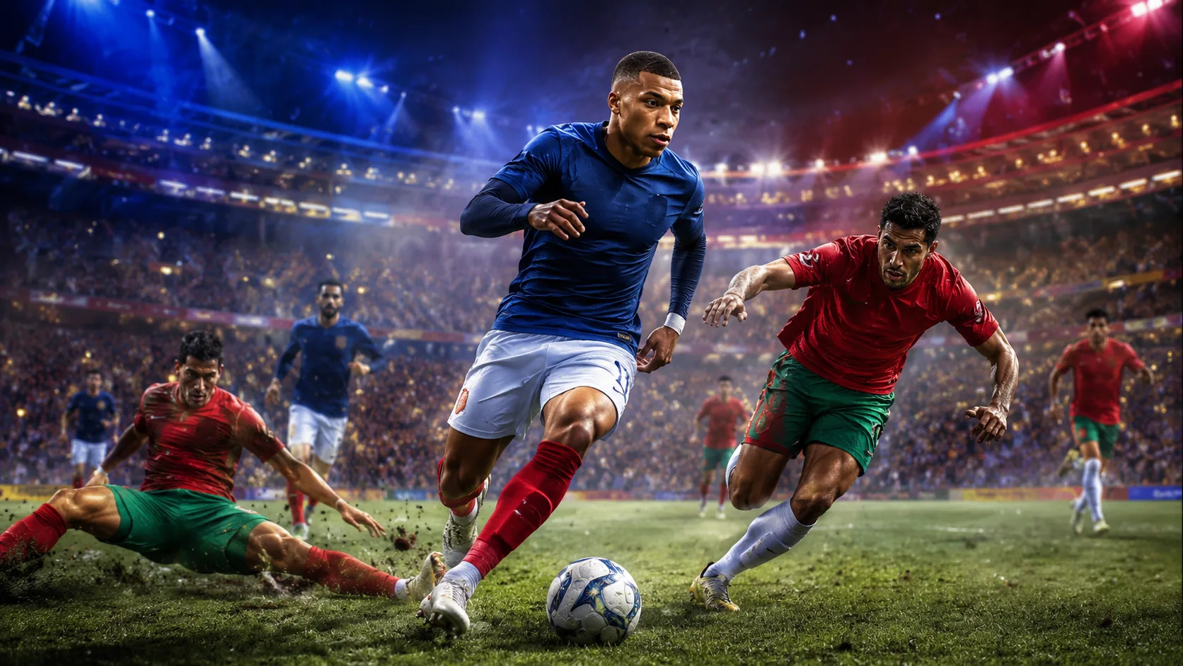 France attacking Morocco in a dramatic 2026 World Cup quarterfinal under stadium lights