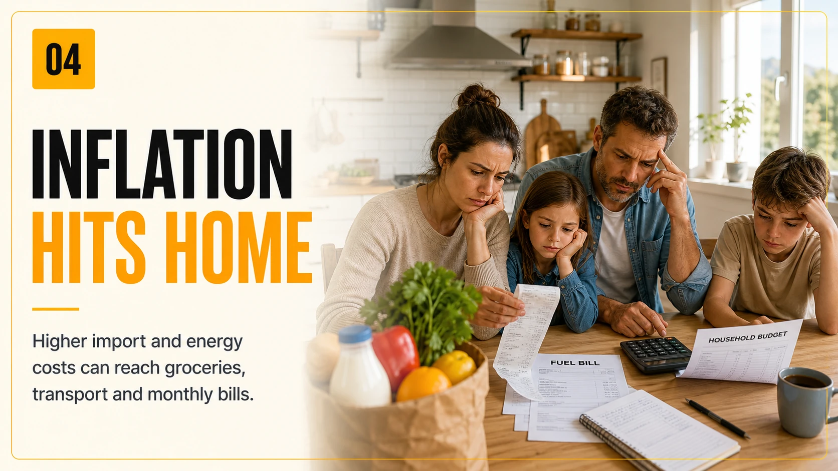 Family reviewing grocery receipts, fuel costs and a household budget as inflation increases monthly expenses.