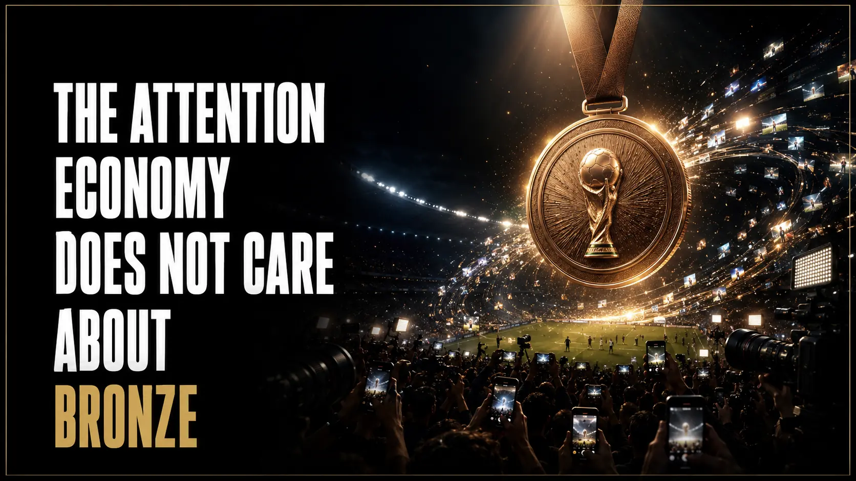 A bronze football medal commands global media attention inside a packed World Cup stadium.
