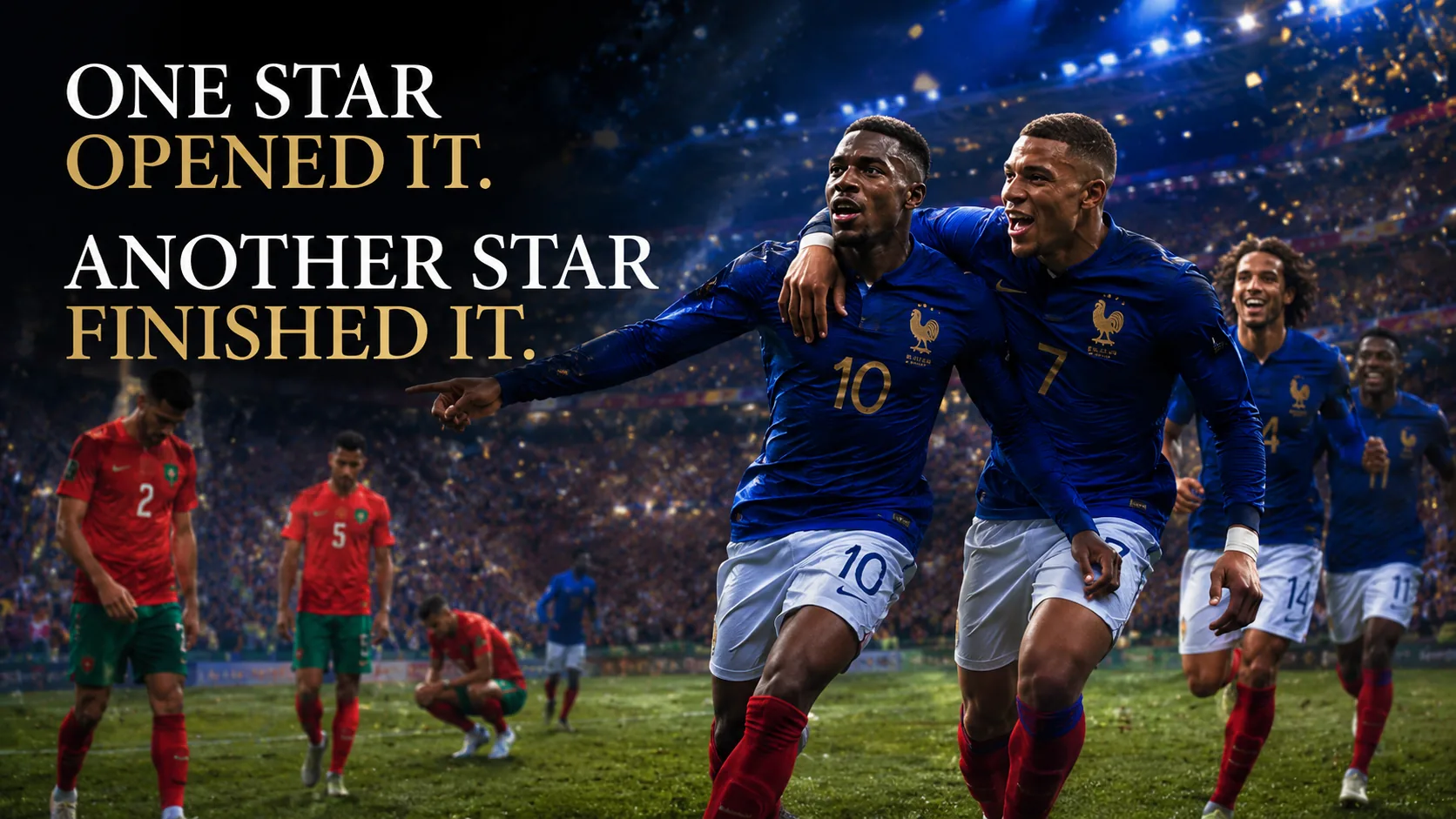 France players celebrating a second goal against Morocco in the 2026 World Cup quarterfinal