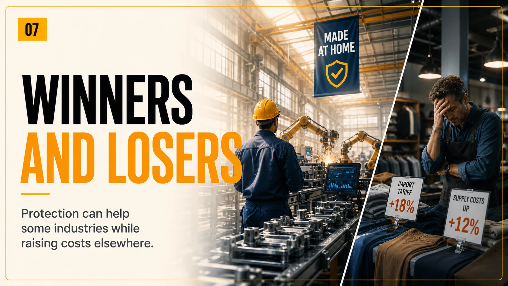 Factory and retailer comparison illustrating how tariffs can protect some industries while raising costs for others.