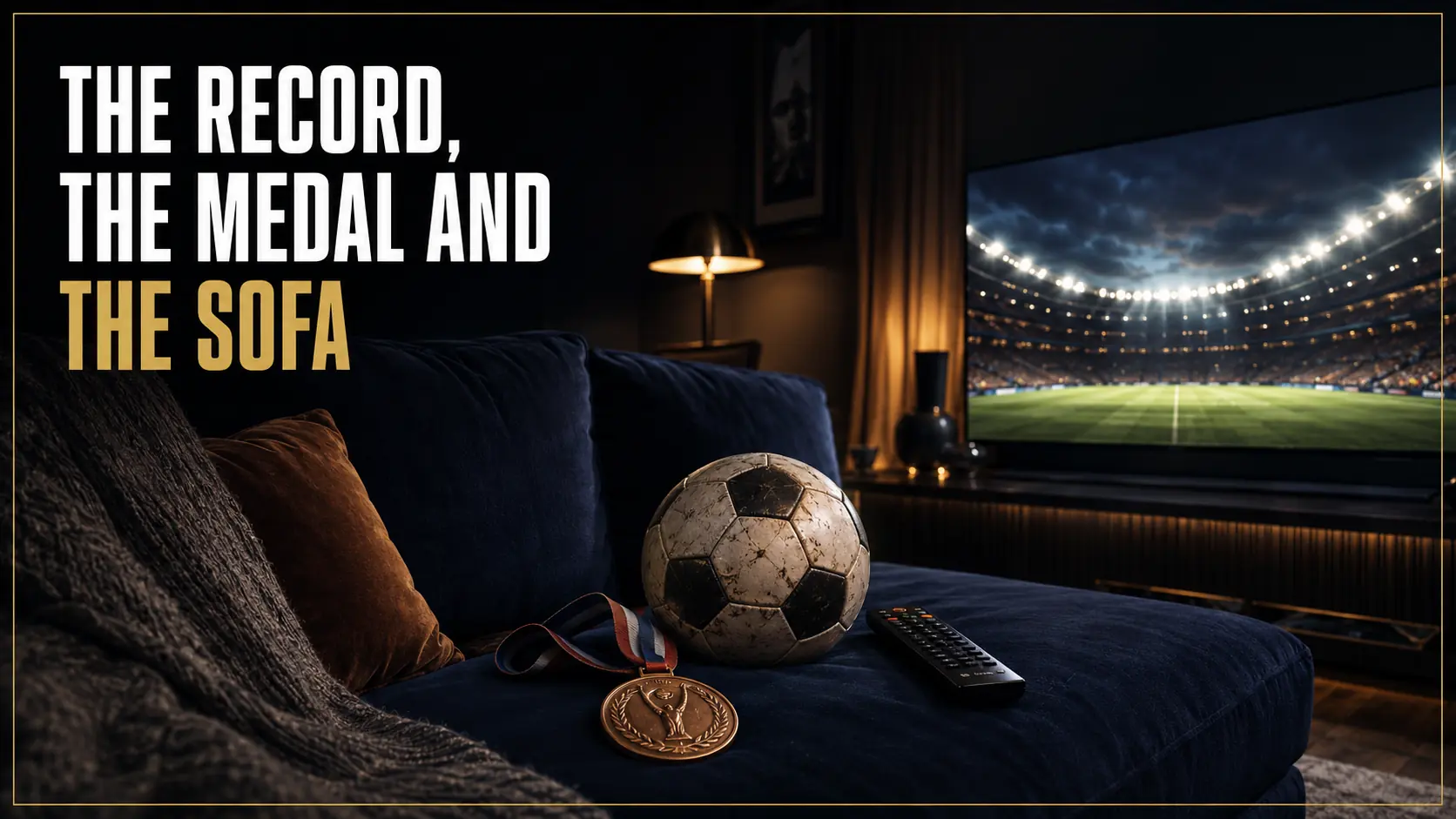 A football and bronze medal rest on a sofa facing a glowing World Cup stadium on television.