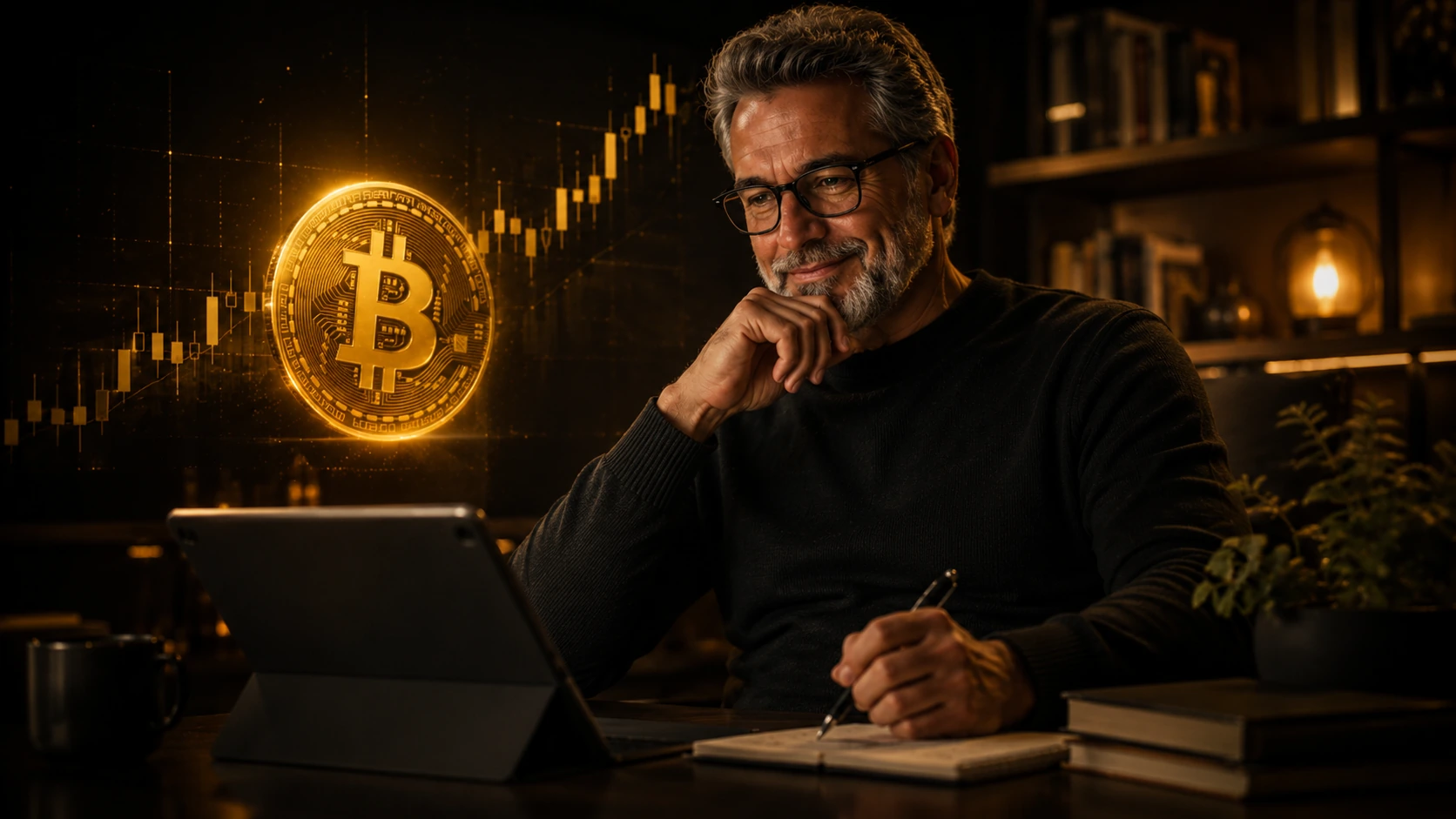 Adult reviewing Bitcoin and digital finance