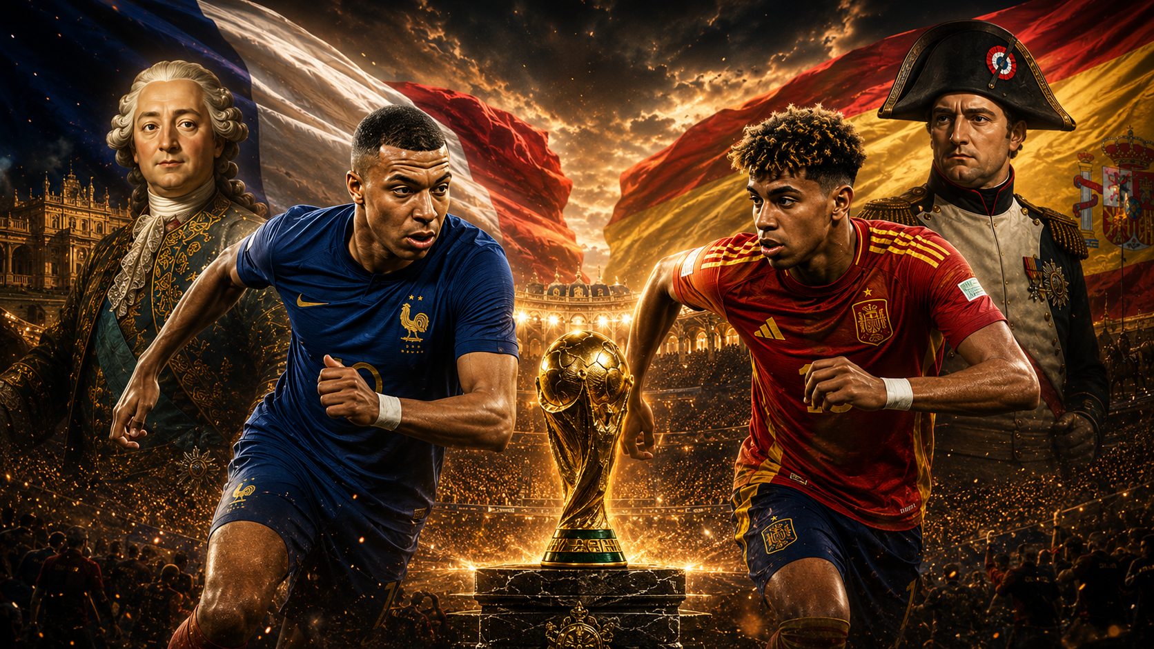 France and Spain World Cup semi-final visual with Louis XV, Napoleon, Mbappe and Lamine Yamal