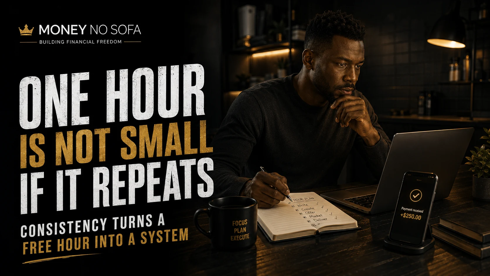 Person planning one focused hour of work at night with laptop notebook and payment notification