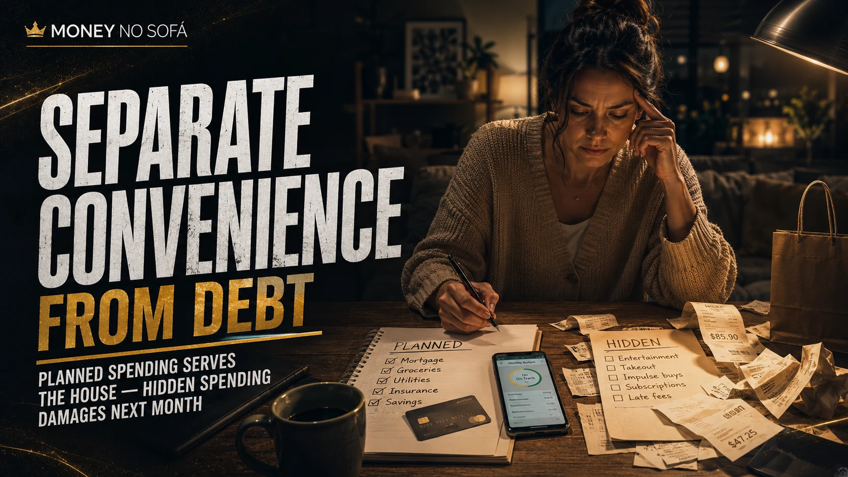 A woman comparing planned spending with hidden spending while organizing receipts at a table