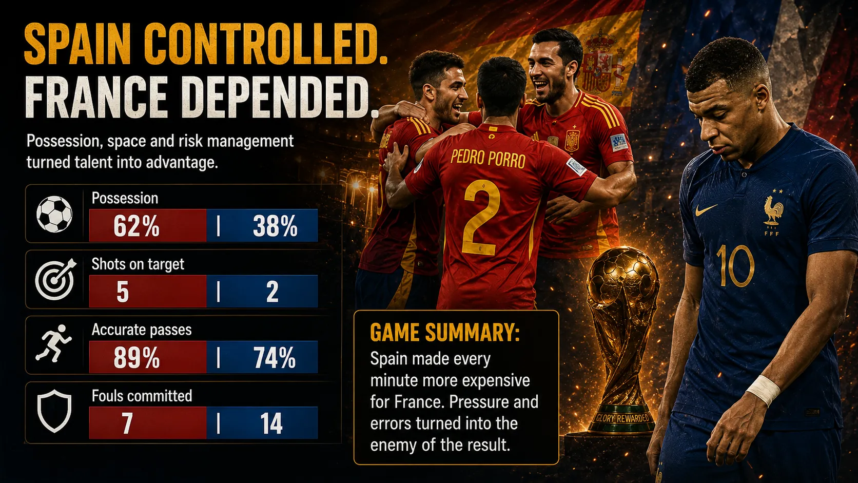 Spain versus France World Cup semi-final statistics showing possession, shots, passes and fouls