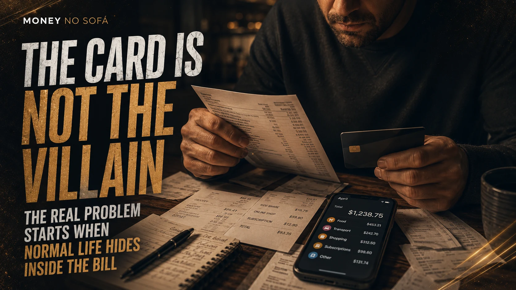 A man reviewing a receipt and a credit card while trying to understand hidden everyday spending