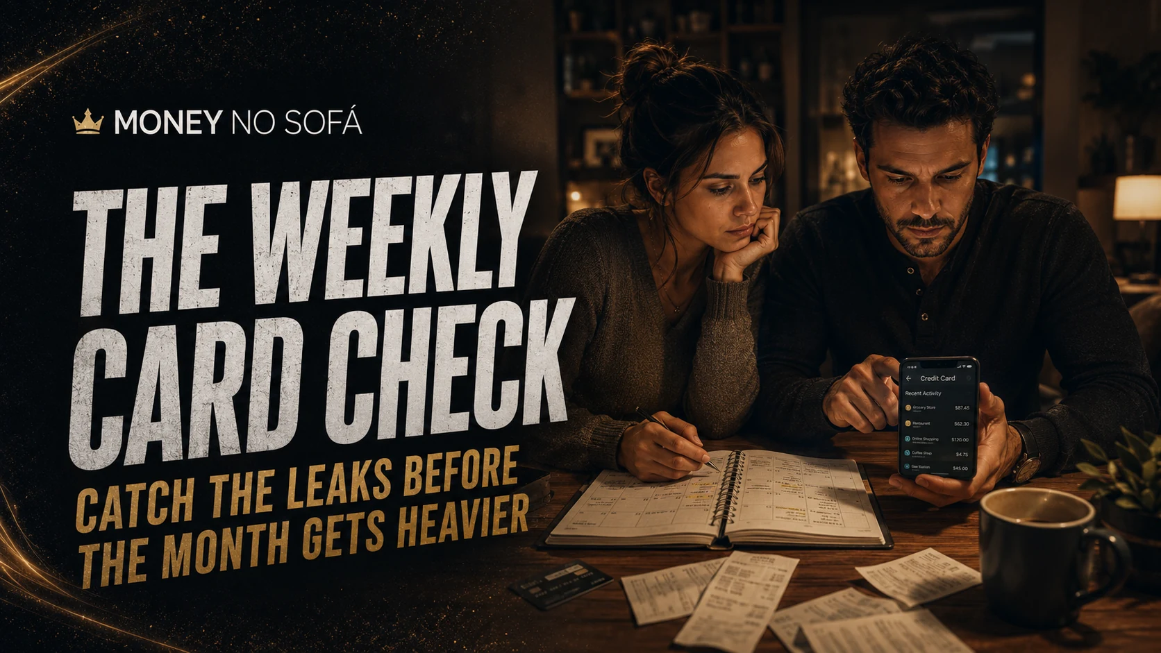 A couple reviewing a credit card app and a weekly planner together at the table
