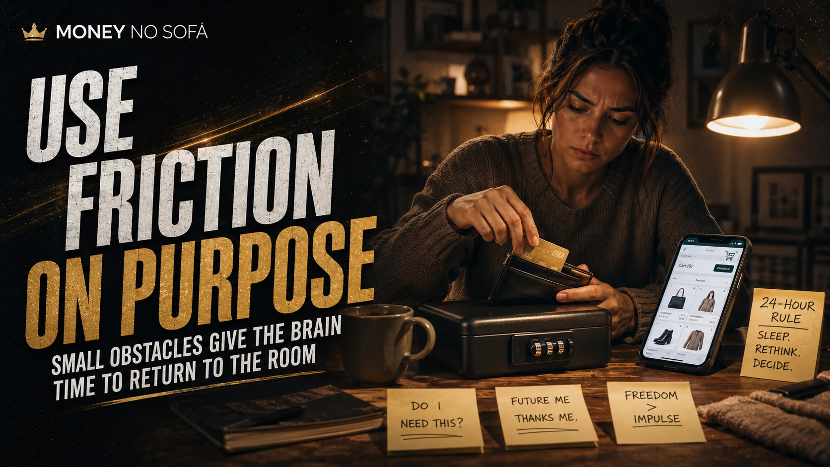A woman putting a card away while rethinking an online purchase with a 24-hour rule note beside her