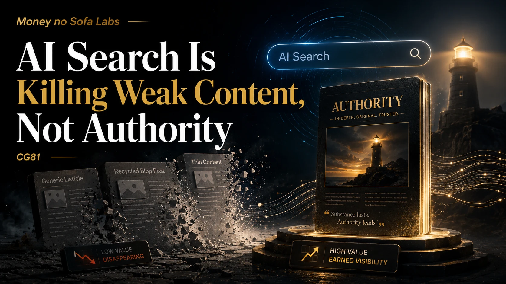 Trusted publisher standing above a sea of generic AI-generated summaries
