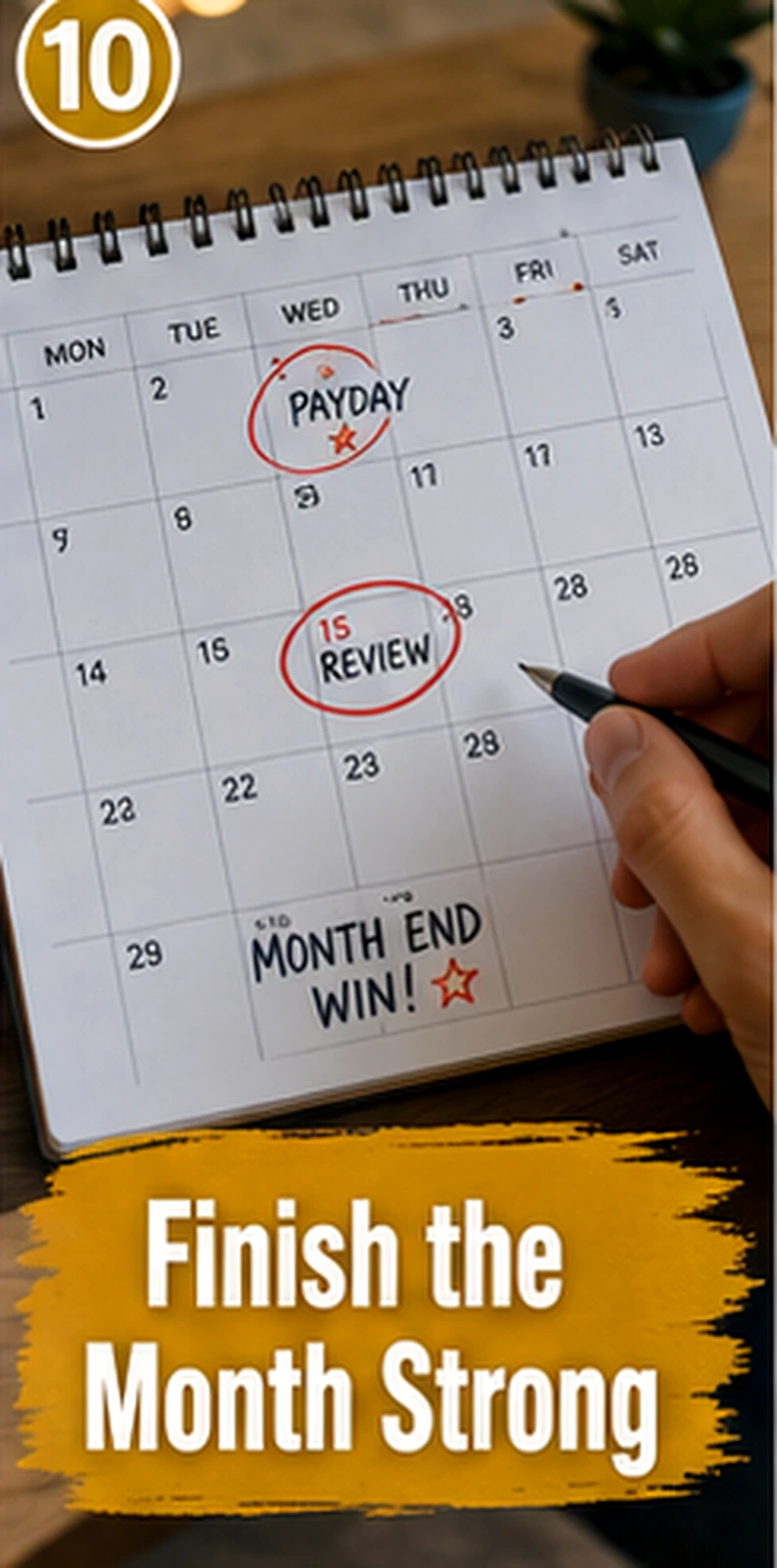 Calendar marking payday, review and month-end win