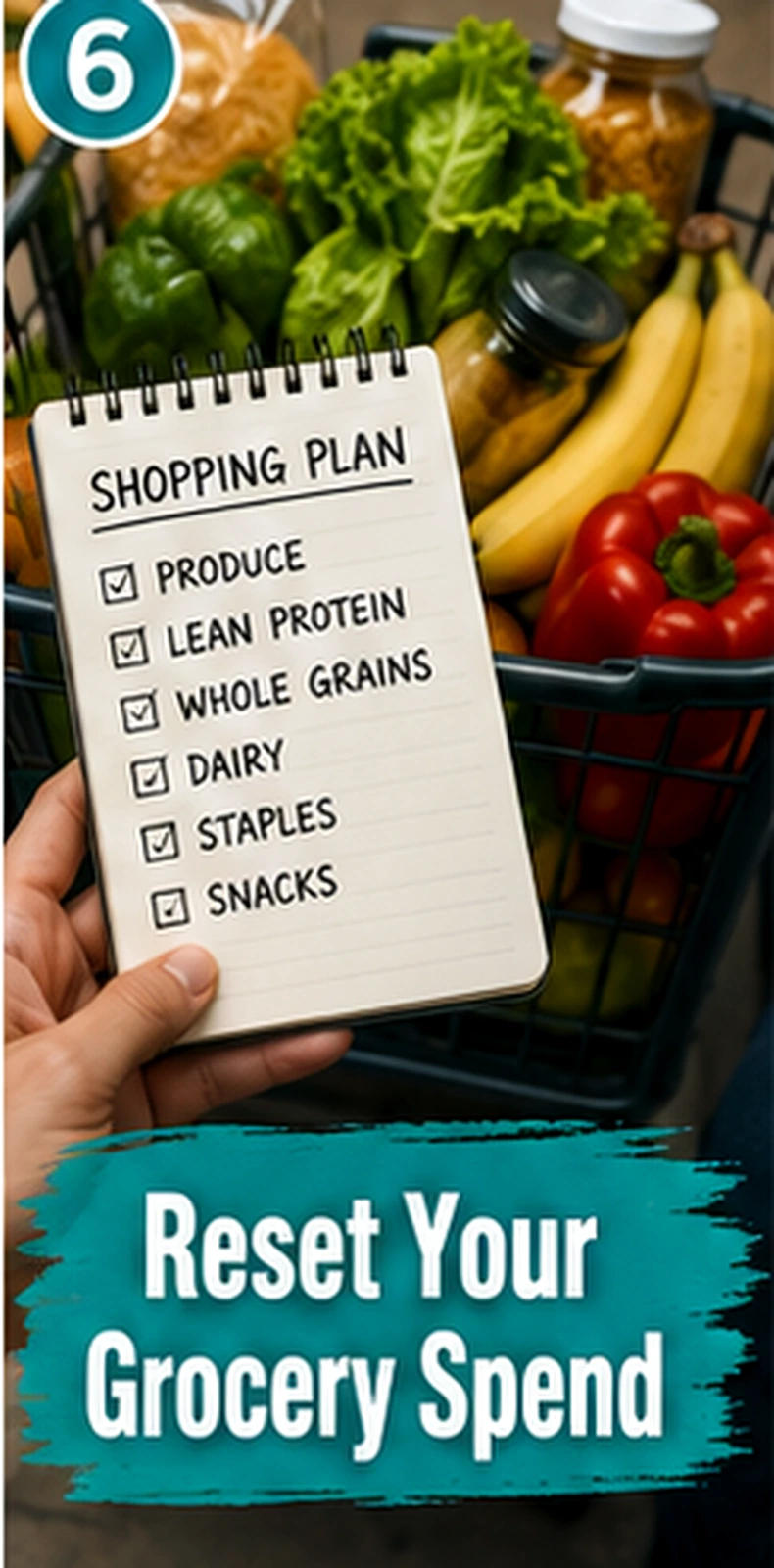 Shopping plan in grocery cart with fresh food