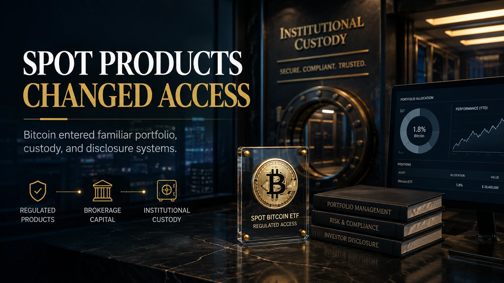 Regulated spot Bitcoin products connecting brokerage capital to institutional custody
