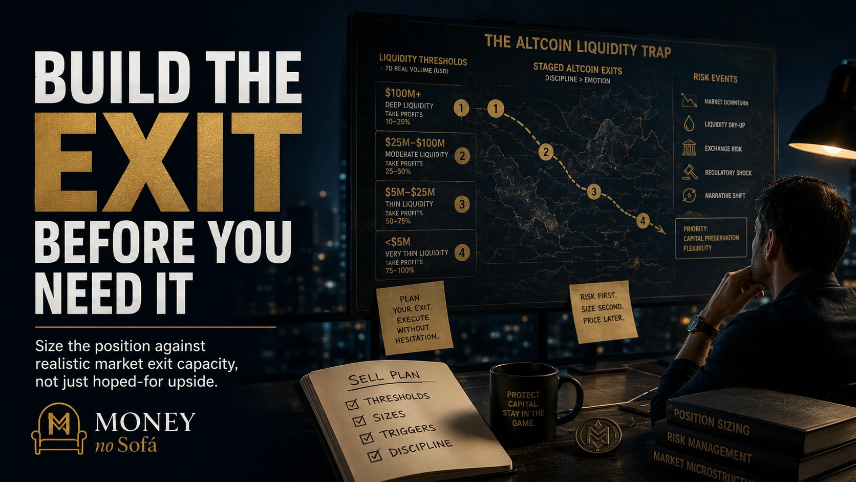 Investor mapping staged altcoin exits across liquidity thresholds and risk events