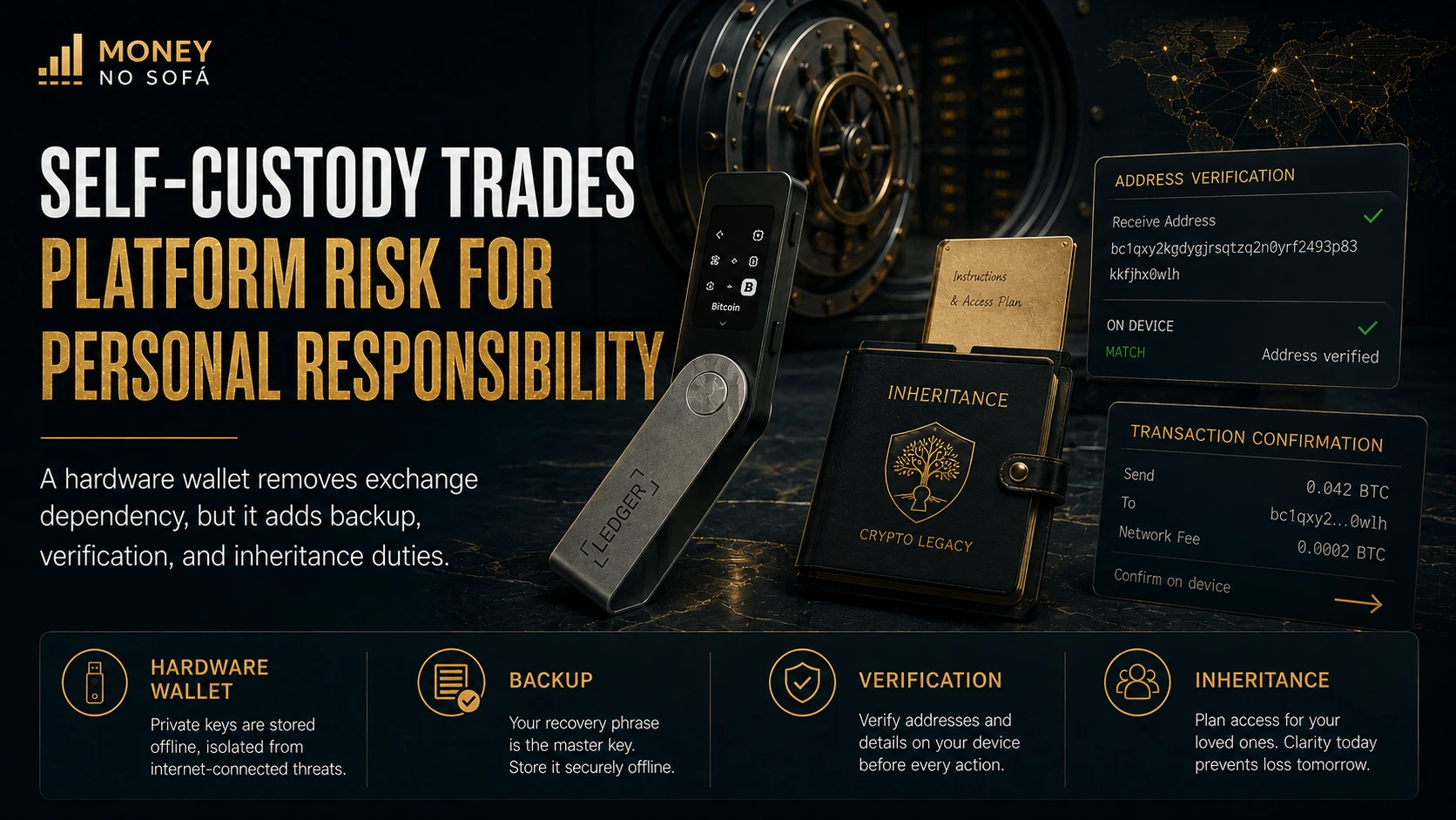 Hardware wallet seed backup inheritance and transaction verification surrounding self-custody