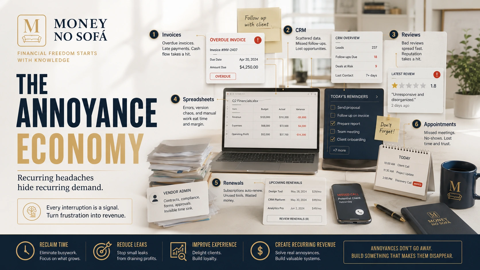 Overdue invoices, CRM mess, reviews, spreadsheets, reminders and vendor renewals competing for an owner’s attention.
