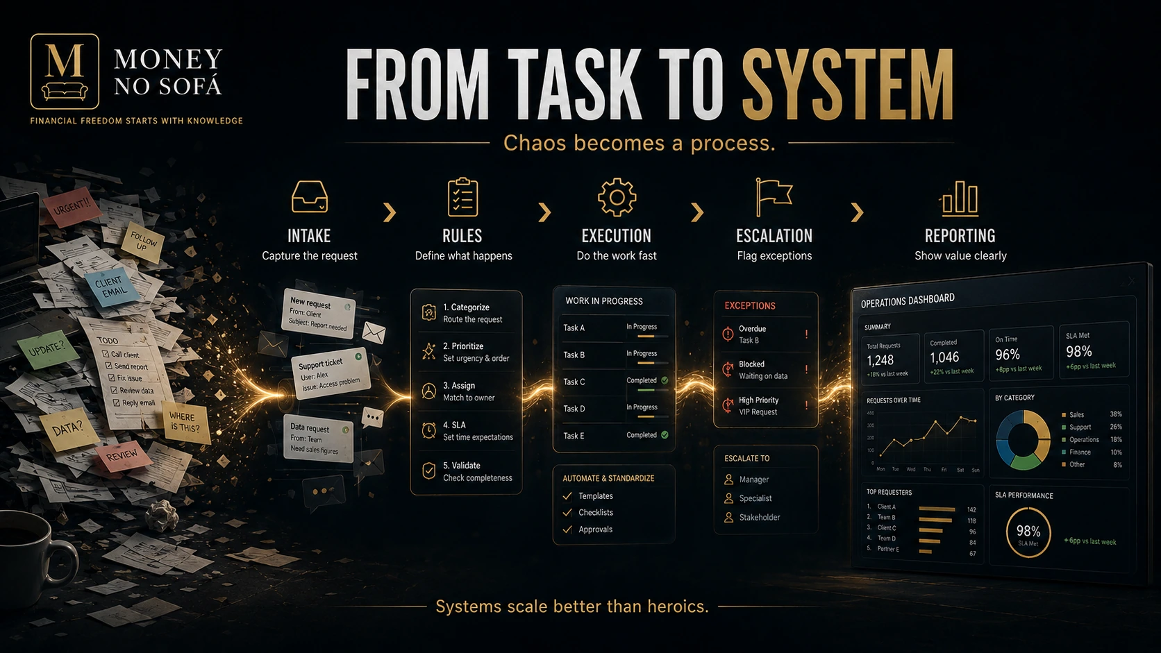 Chaos transformed into intake, rules, execution, escalation and reporting.