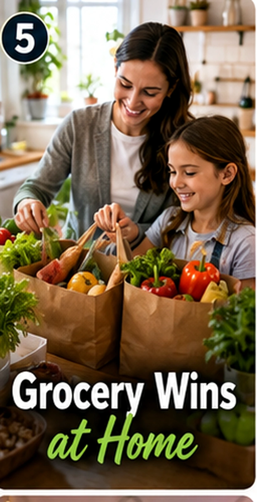 Parent and child unpacking healthy groceries