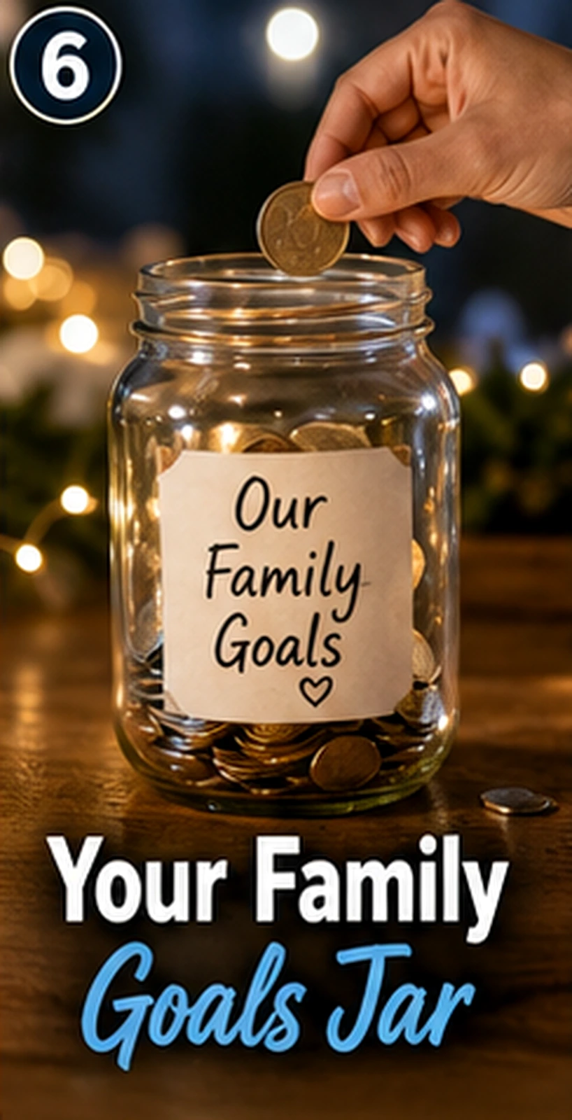 Family savings jar with coins and goal note