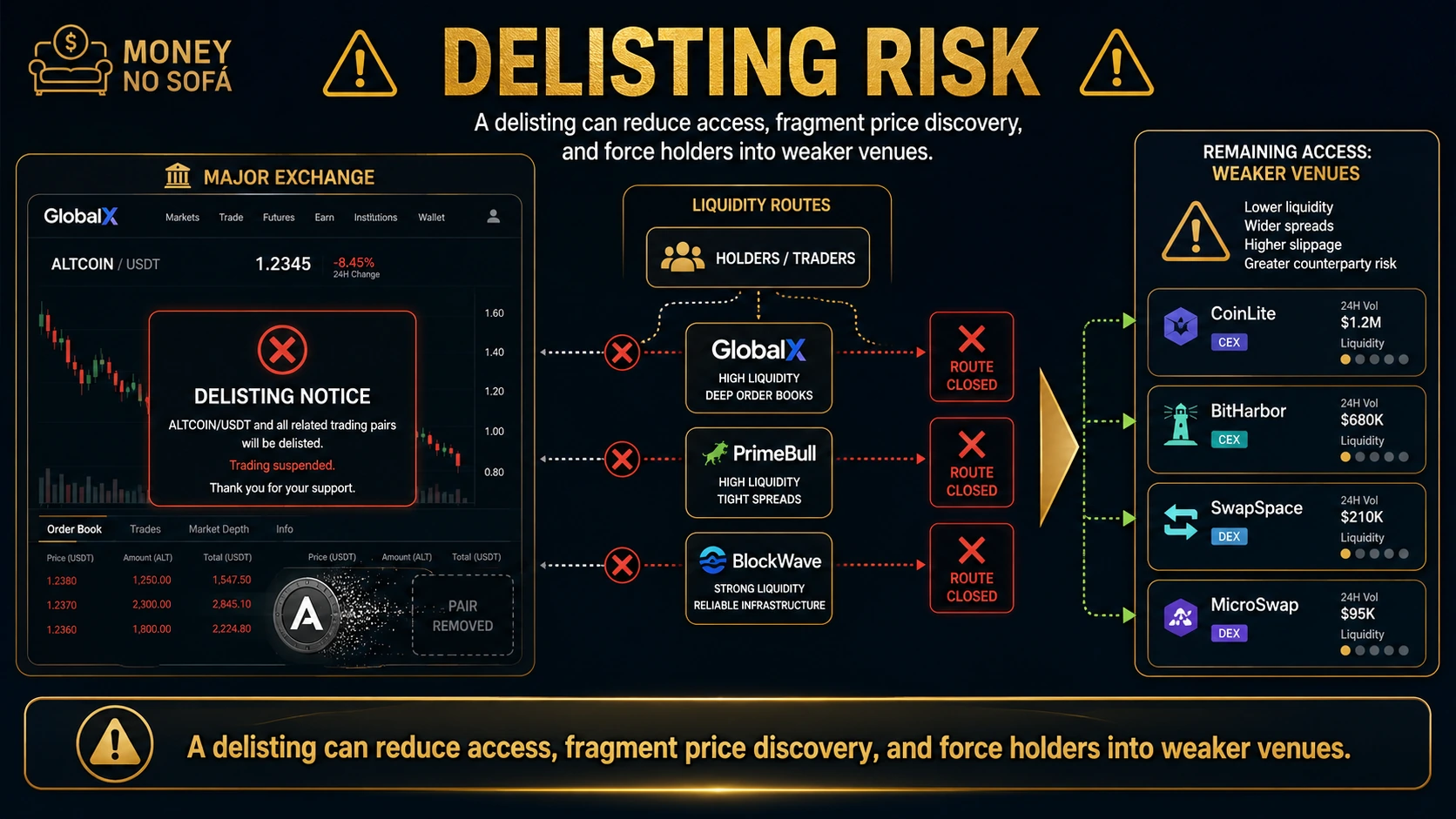 Altcoin disappearing from a major exchange screen while liquidity routes close