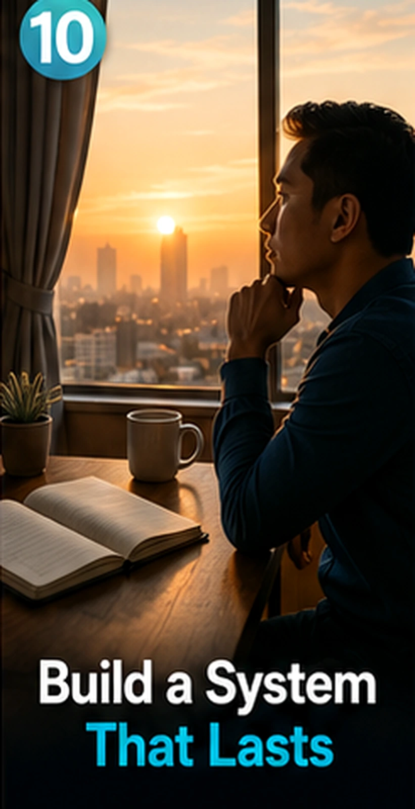Person reflecting over city skyline with planning notebook