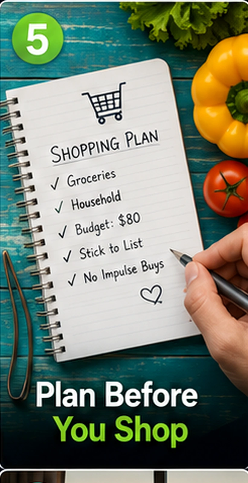 Digital or notebook shopping plan beside fresh groceries