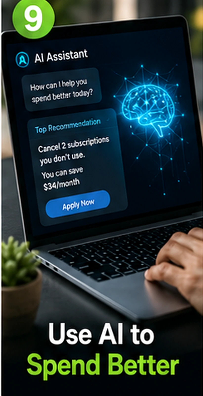 Laptop AI assistant suggesting spending improvements