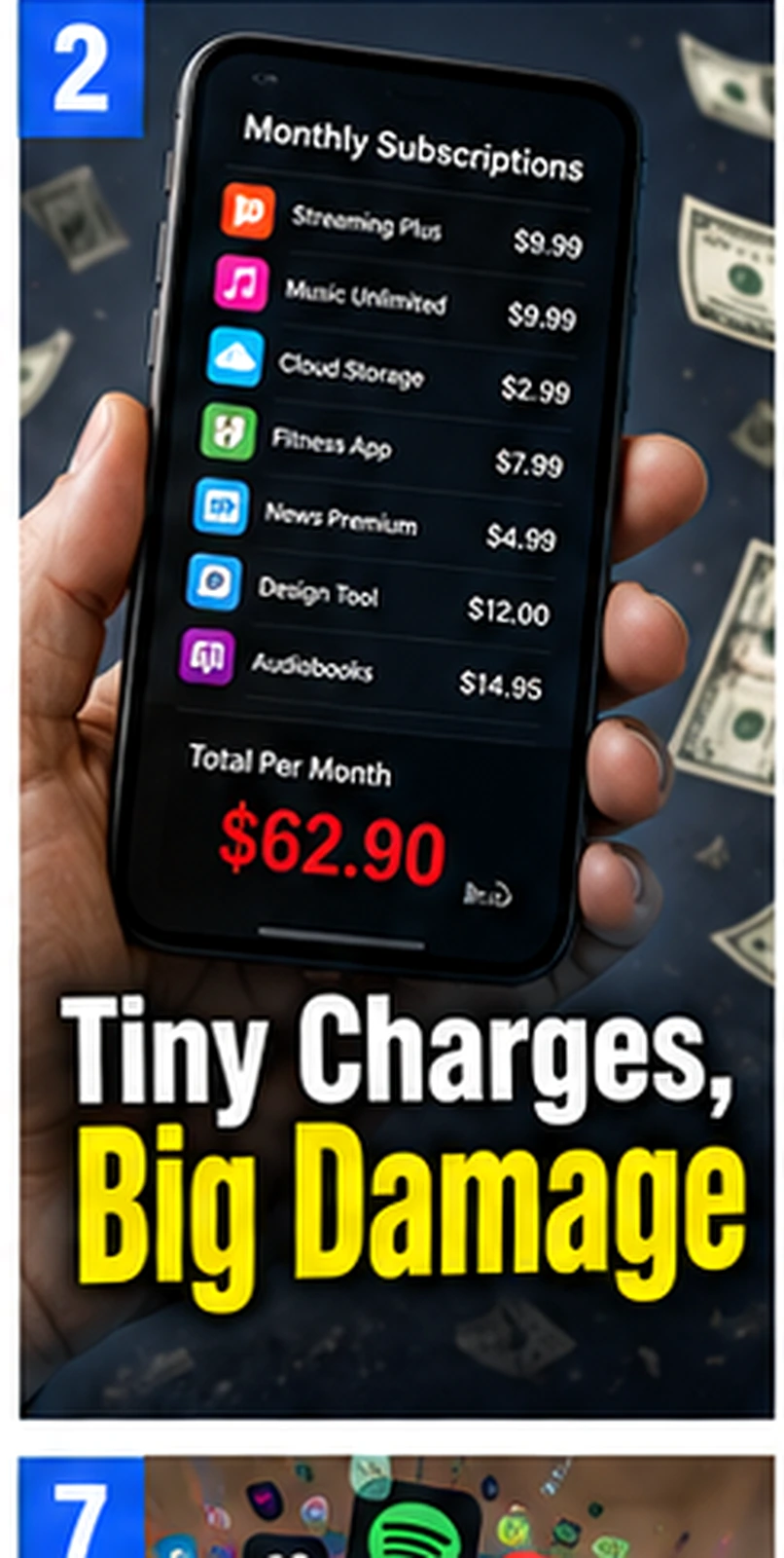Phone listing monthly subscriptions and total