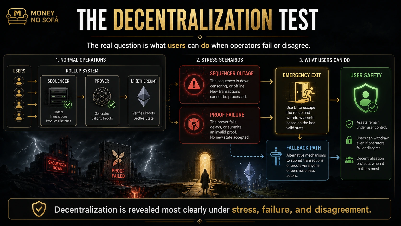 Stress test of Ethereum rollups showing sequencer outage proof failure and emergency exits
