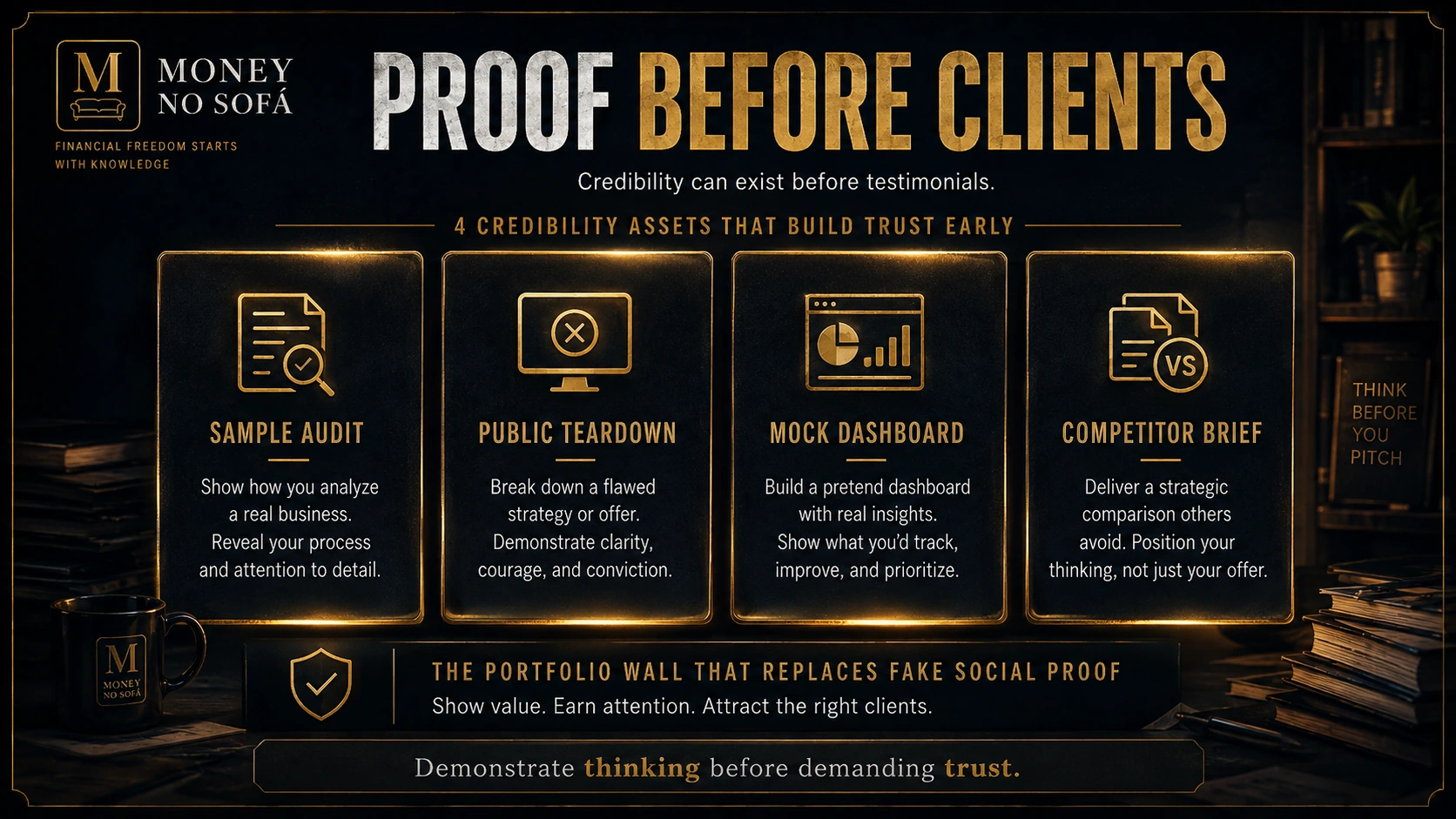 Sample audit, public teardown, mock dashboard and competitor brief building credibility without fake testimonials.