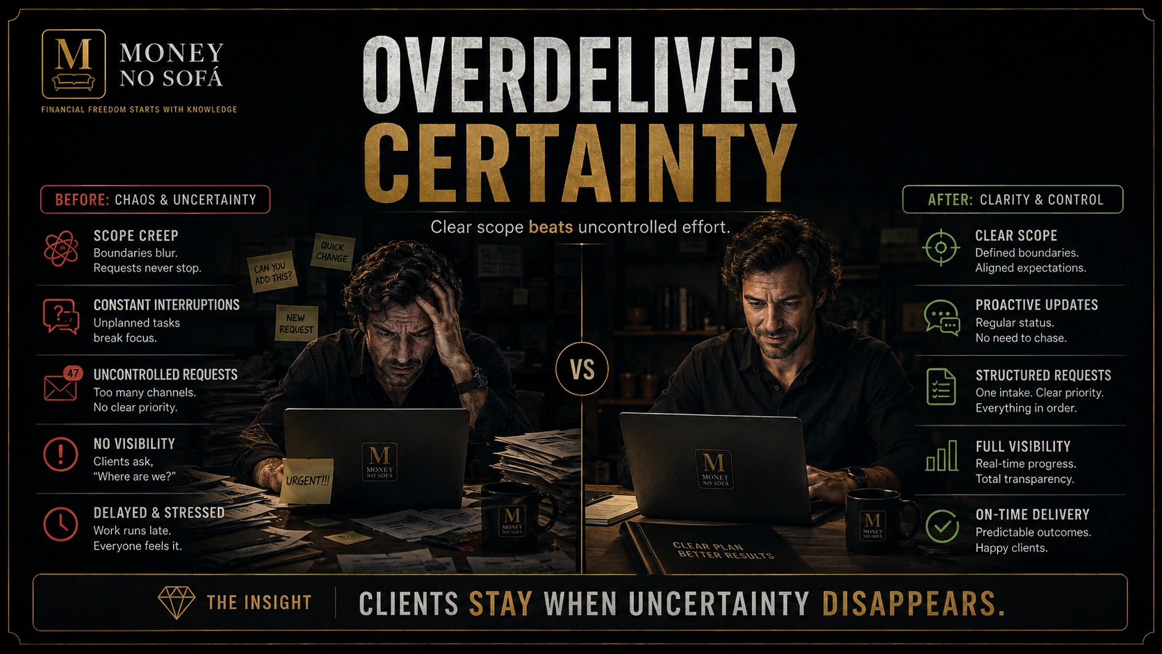 Clear scope, status updates, evidence and on-time delivery contrasted with uncontrolled scope creep.