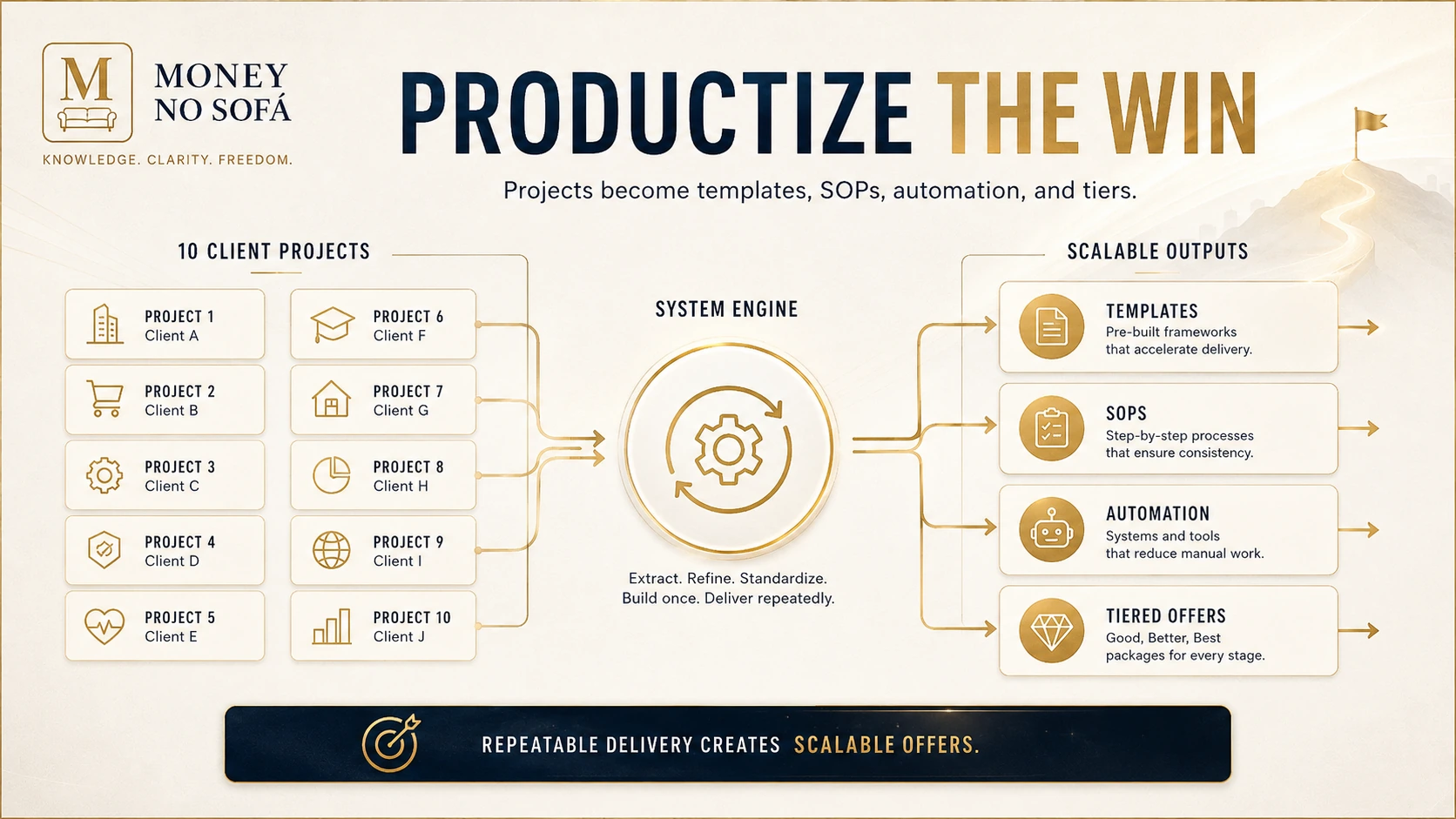 Ten client projects converging into templates, SOPs, automation and tiered offers.