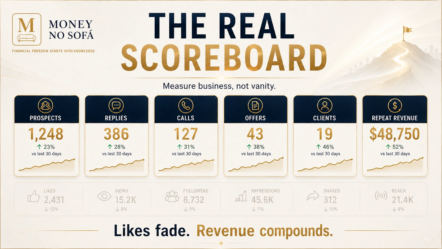 A commercial dashboard of prospects, replies, calls, offers, clients and repeat revenue while likes fade into the background.