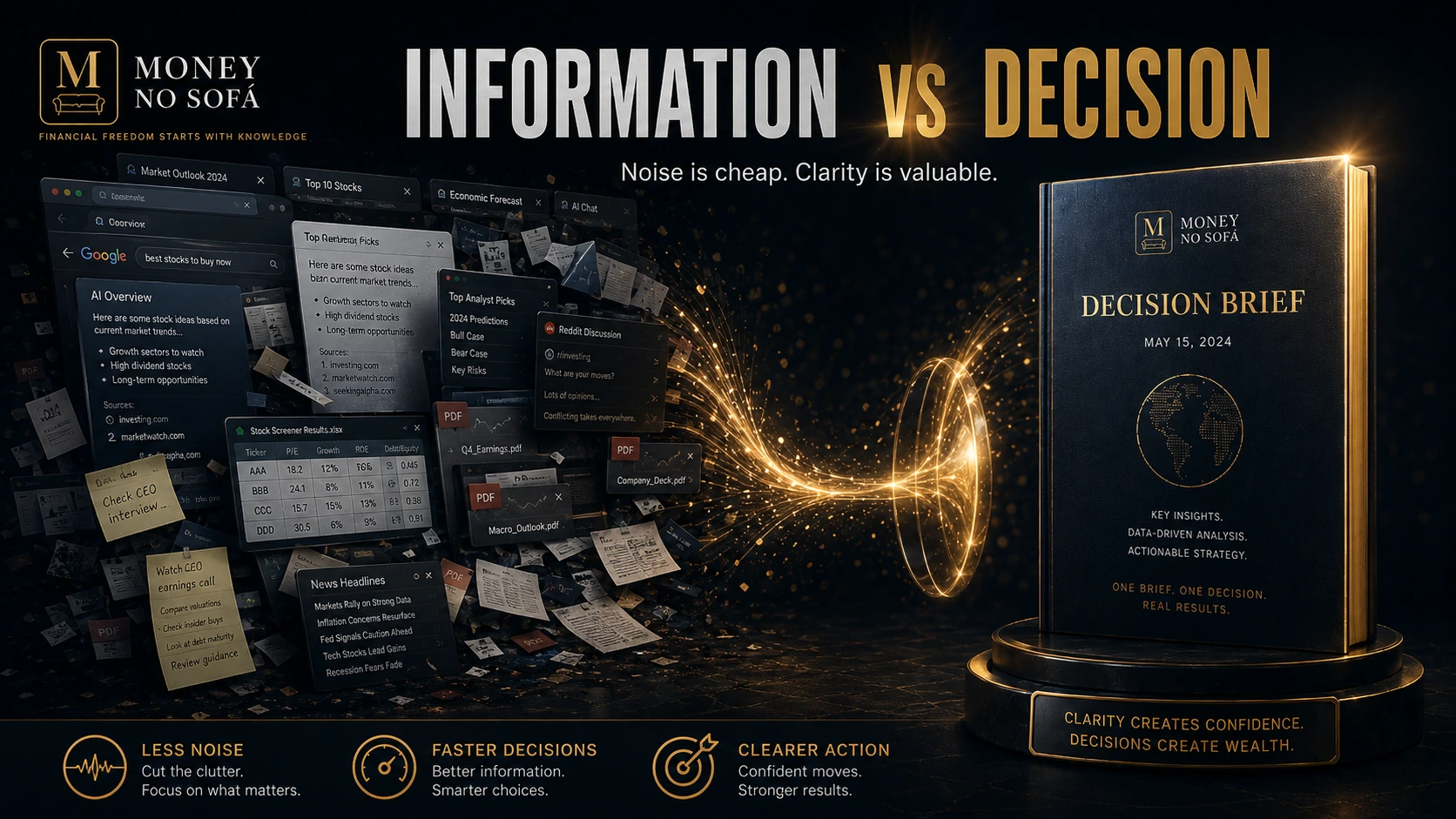A mountain of search results and AI outputs contrasted with one clean decision brief.