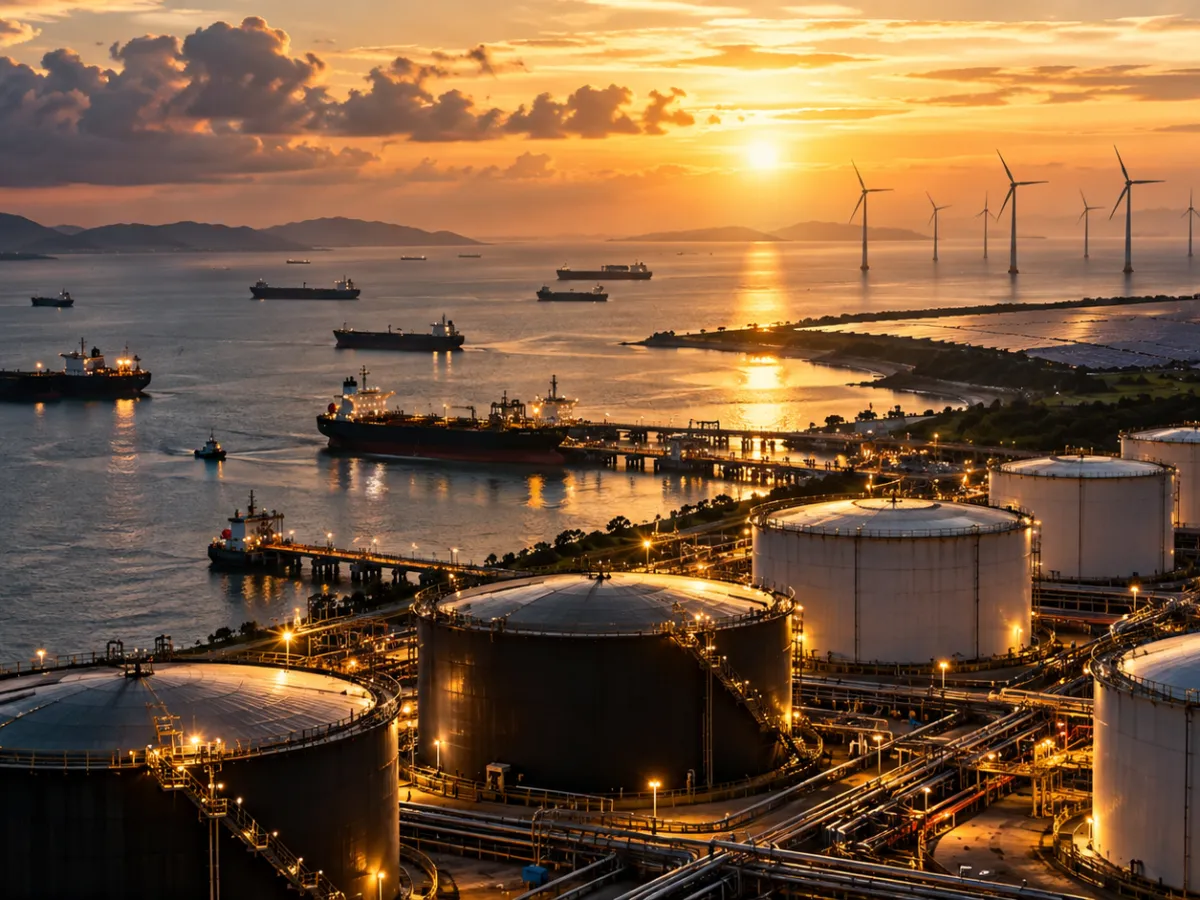Coastal energy terminal with storage tanks, cargo vessels, solar panels and wind turbines at sunset.