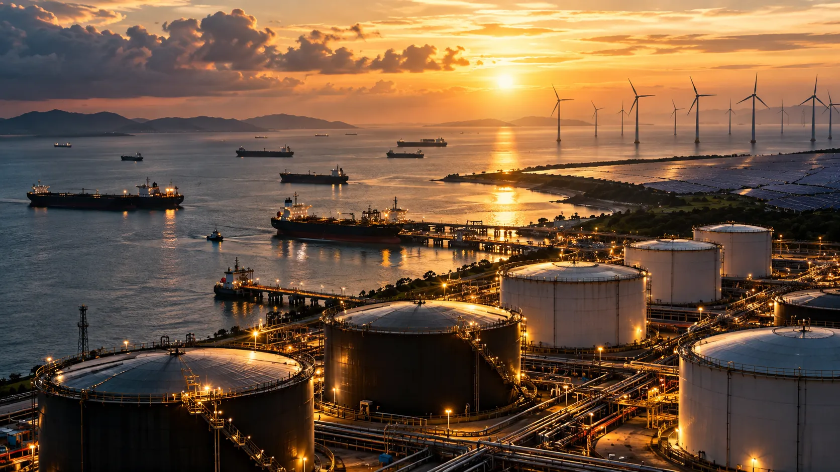 Conceptual view of an energy shipping terminal with oil storage tanks and vessels at sunset