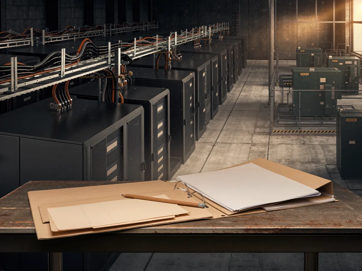 Conceptual editorial image of data-center servers and unmarked financing folders illustrating the capital needed to expand AI infrastructure.