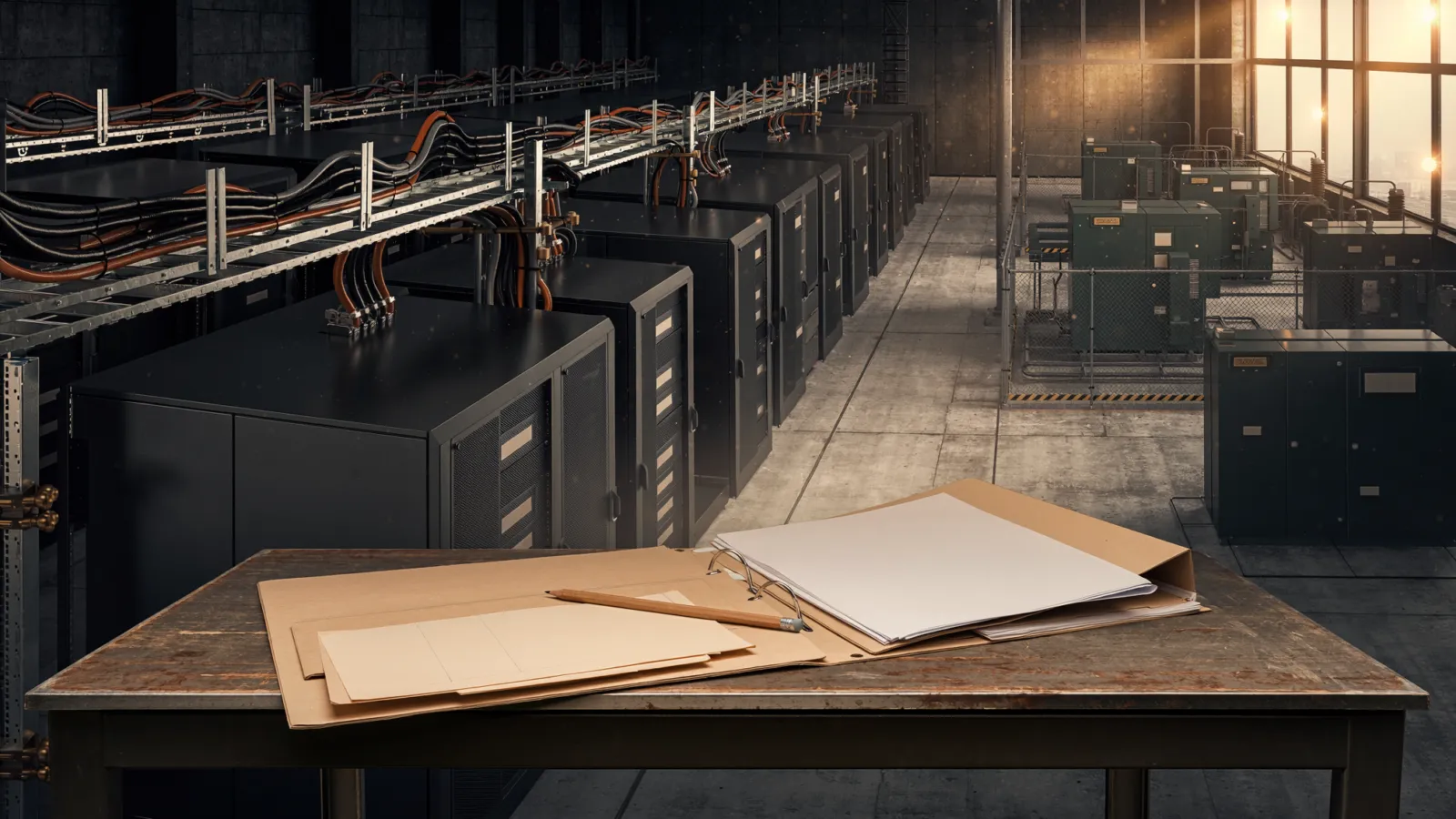 Conceptual editorial image of data-center servers and unmarked financing folders illustrating the capital needed to expand AI infrastructure.