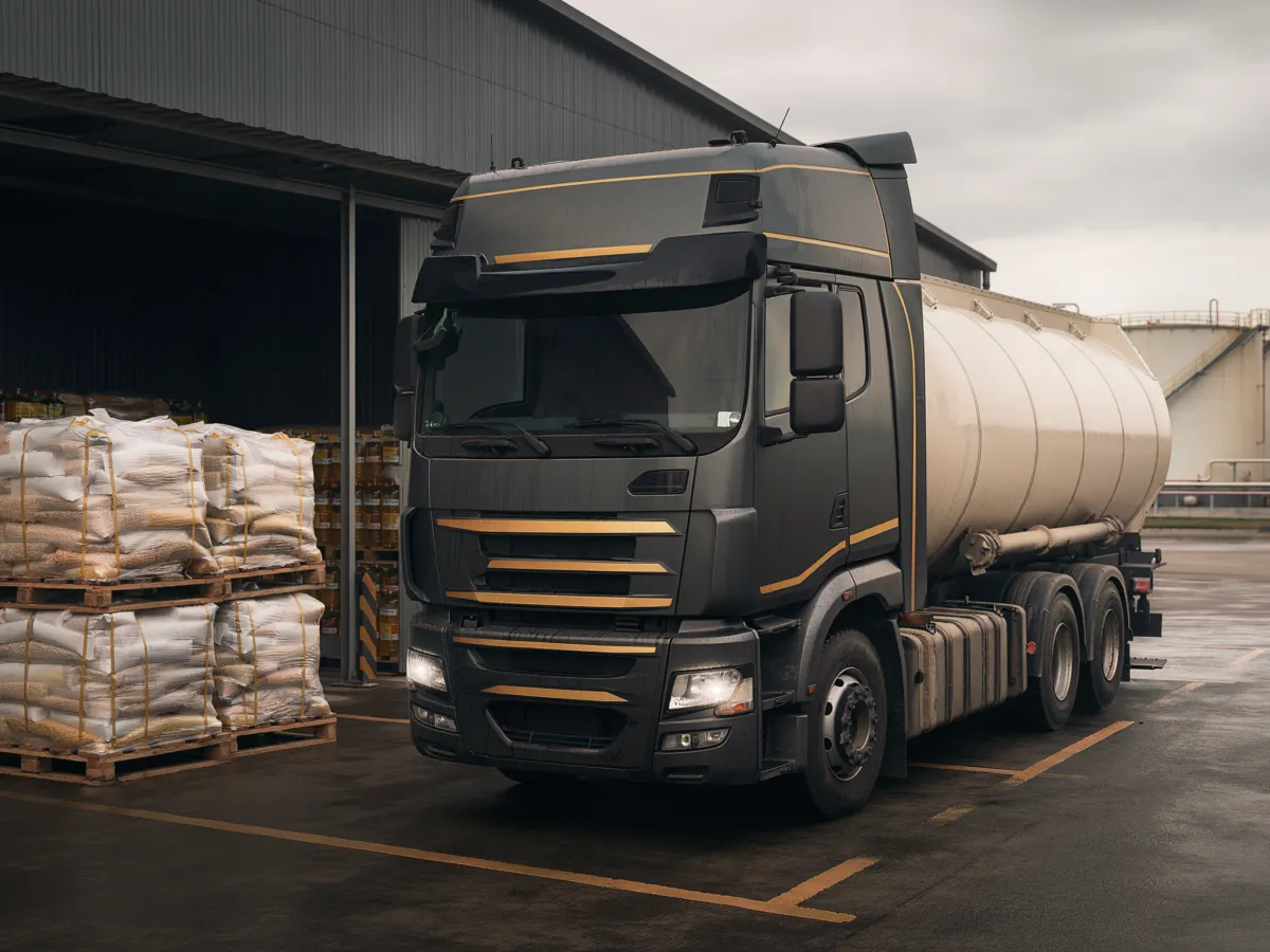 Conceptual editorial scene of a freight truck, packaged food and fuel storage representing rising energy and transport costs.