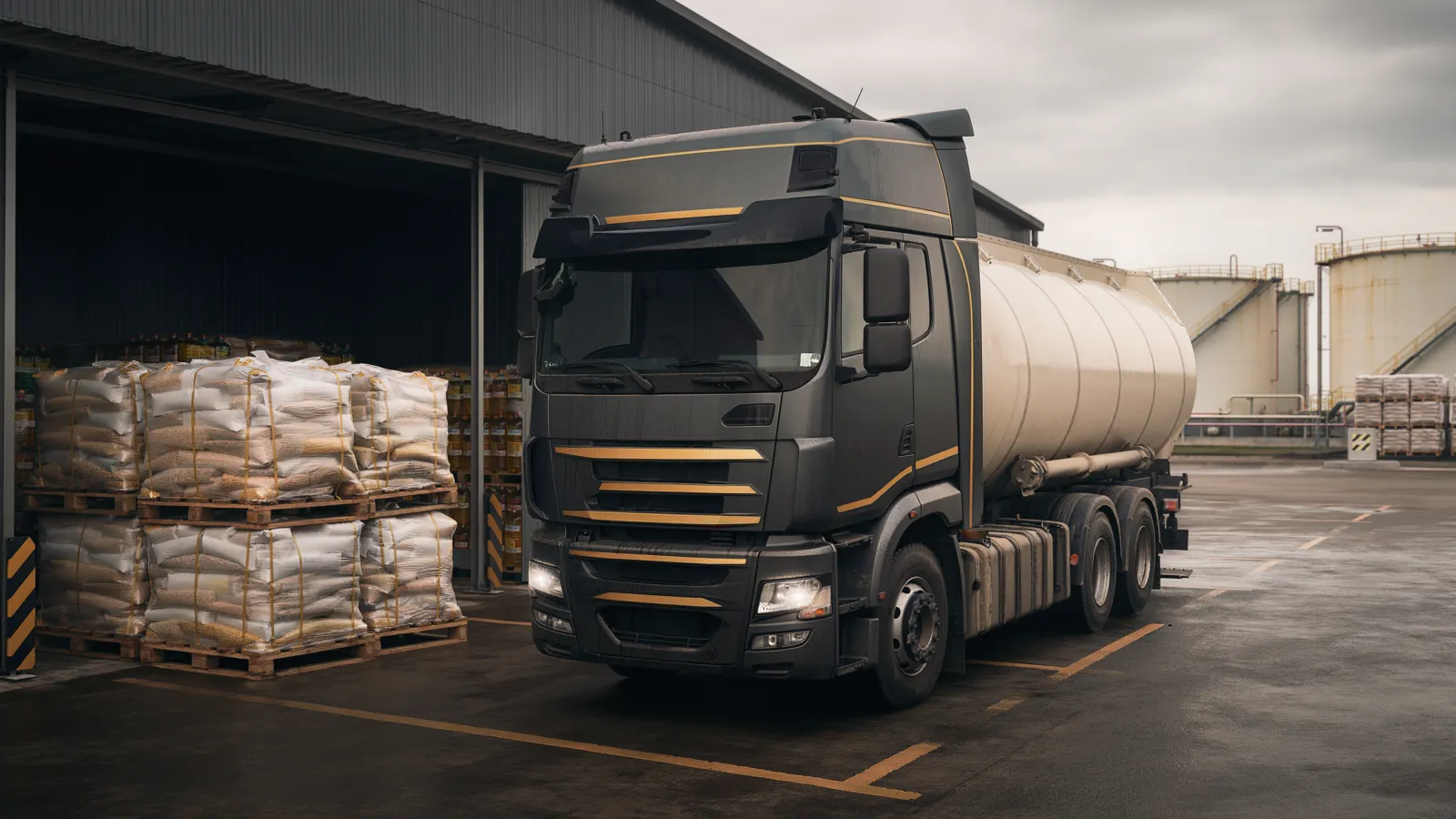 Conceptual editorial scene of a freight truck, packaged food and fuel storage representing rising energy and transport costs.