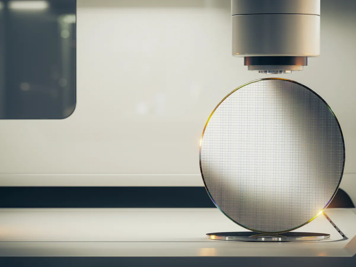 Conceptual editorial image of a silicon wafer in a semiconductor cleanroom; not a photograph of a specific TSMC facility.