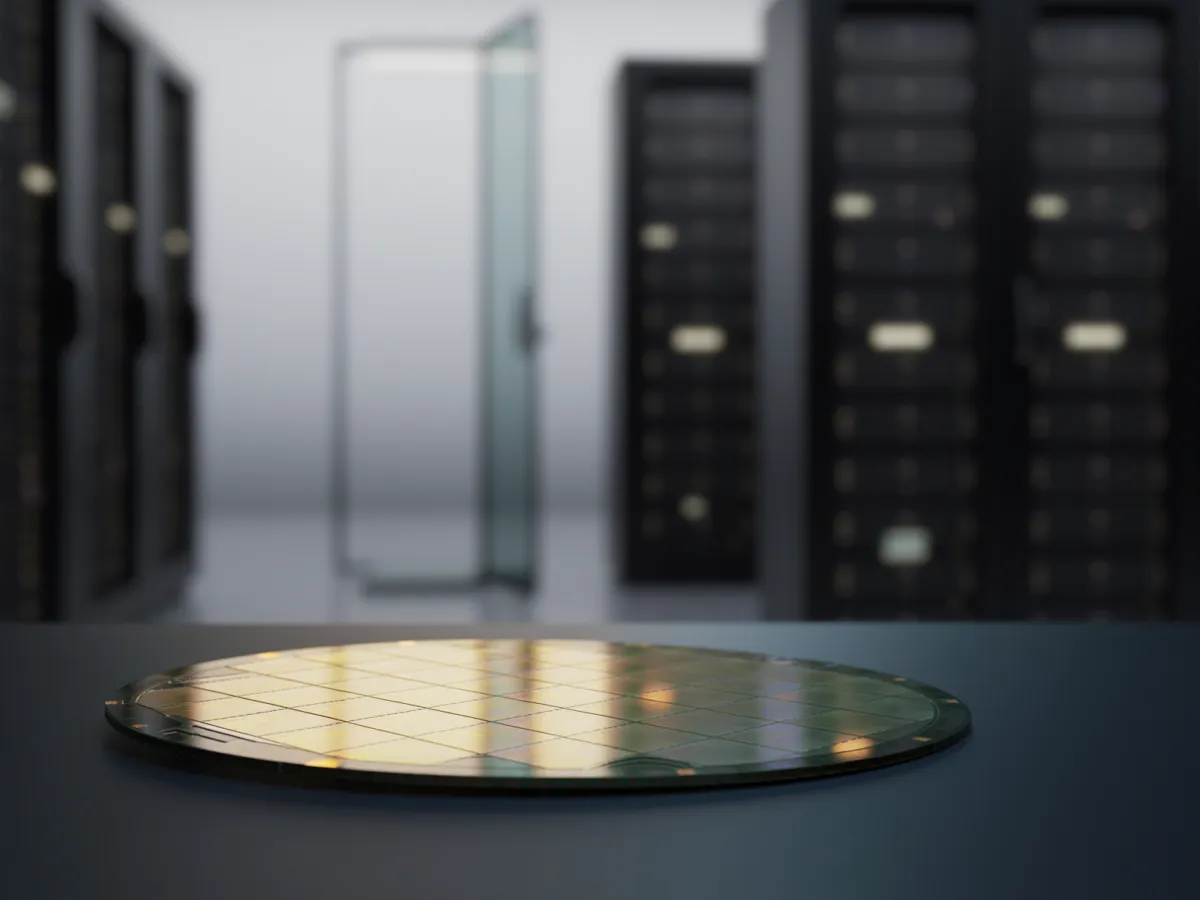 Conceptual AI data center and semiconductor wafer illustrating cross-border technology licensing, not a photographed policy event.
