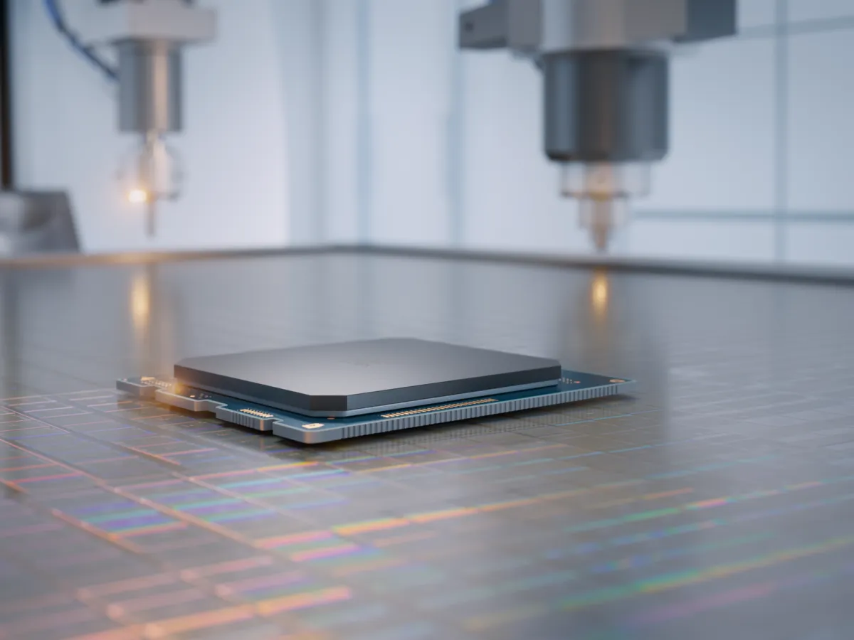 Conceptual view of AI memory chips and a silicon wafer inside a semiconductor cleanroom; not a photograph of a Samsung facility.